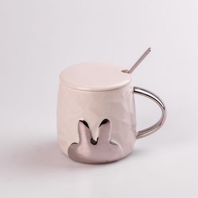 Чашка керамічний 300 мл Rabbit з кришкою і ложкою Бежевий