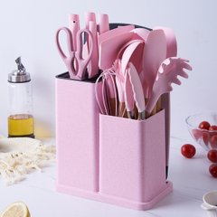 Набор кухонных принадлежностей на подставке 19 штук из силикона с бамбуковой ручкой, розовый