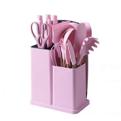 Набір кухонного приладдя на підставці 19 штук із силікону з бамбуковою ручкою, рожевий