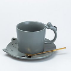 Чашка керамічна Котики 250 мл із блюдцем та ложкою, сірий