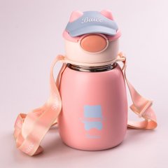 Термос детский Baicc 500 мл с трубочкой и ремешком, розовый