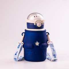 Термос детский 500 мл со съемным силиконовым чехлом и ремешком Космонавт, синий