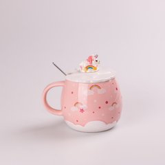 Чашка керамічна 400 мл Rainbow з кришкою та ложкою, рожевий