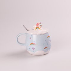 Чашка керамическая 400 мл Rainbow с крышкой и ложкой, голубой