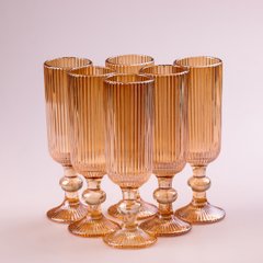 Набор бокалов для шампанского фигурных прозрачных ребристых из толстого стекла 6 штук, янтарный