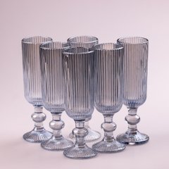 Набор бокалов для шампанского фигурных прозрачных ребристых из толстого стекла 6 штук, голубой