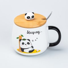 Кружка керамічна Panda 450 мл із кришкою та ложкою, sleeping