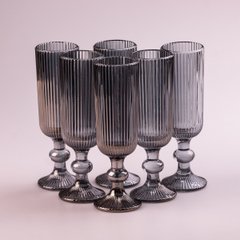 Набор бокалов для шампанского фигурных прозрачных ребристых из толстого стекла 6 штук, серый