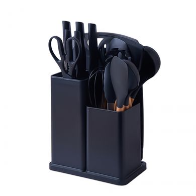 Набор кухонных принадлежностей на подставке 19 штук из силикона с бамбуковой ручкой, черный