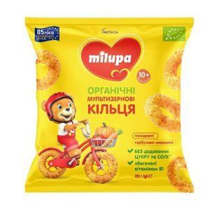 Дитячі органічні мультизернові кільця Milupa Помідорні та гарбузово-морквяні, від 10 місяців, 20 г 211867 фото