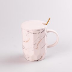 Чашка керамическая 420 мл с крышкой и ложкой Мрамор, белый