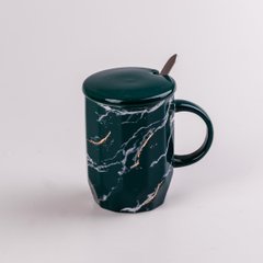 Чашка керамічна 420 мл з кришкою та ложкою Мармур, зелений