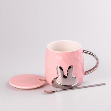 Чашка керамічний 300 мл Rabbit з кришкою і ложкою рожевий