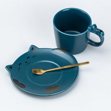 Чашка керамическая Котики 250 мл с блюдцем и ложкой, синий