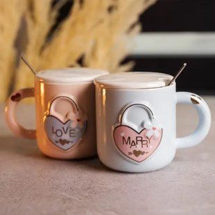 Парні чашки порцелянові Lovers' Lock 400 мл з ложками FM-32 фото
