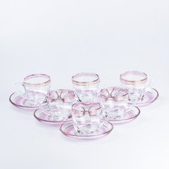 Набор стеклянных чашек с блюдцем 6 штук, розовый
