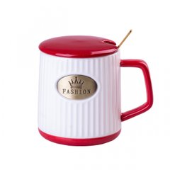 Чашка керамическая 400 мл Fashion с крышкой и ложкой, красный