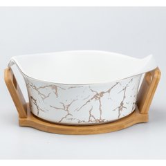 Салатница керамическая 29*22*9.5 см на деревянной подставке, белый