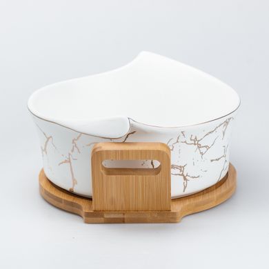 Салатниця керамічна 29*22*9.5 см на дерев'яній підставці, білий