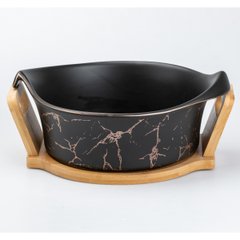 Салатниця керамічна 29*22*9.5 см на дерев'яній підставці, чорний