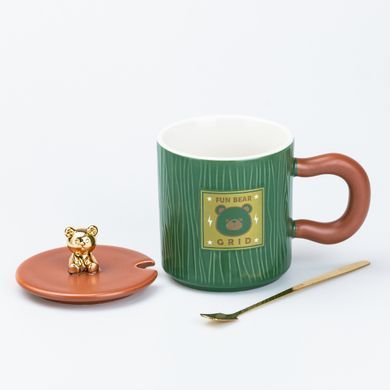 Чашка керамічна Fun Bear Grid 300 мл з кришкою та ложкою, зелений HP7198GR фото