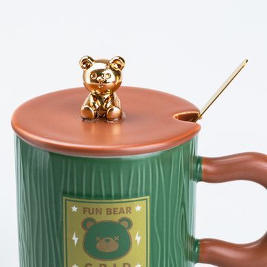 Чашка керамічна Fun Bear Grid 300 мл з кришкою та ложкою, зелений HP7198GR фото
