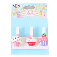 Набор прищепок декоративных Santi с пласт, декором "Delicious cupcakes", 4,5 см, 3 шт/уп
