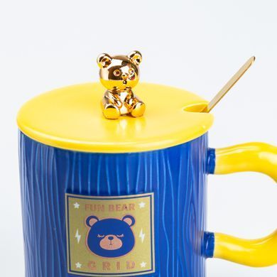 Чашка керамічна Fun Bear Grid 300 мл з кришкою та ложкою, синій HP7198BL фото