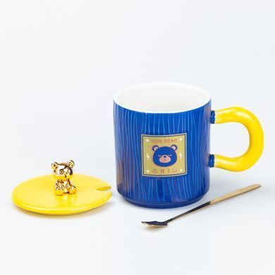 Чашка керамічна Fun Bear Grid 300 мл з кришкою та ложкою, синій HP7198BL фото