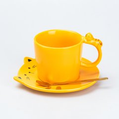 Чашка керамическая Котики 250 мл с блюдцем и ложкой, желтый