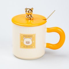 Чашка керамічна Fun Bear Grid 300 мл з кришкою та ложкою, жовтий
