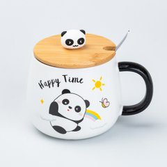 Кружка керамічна Panda 450 мл з кришкою та ложкою, happy time