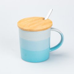 Чашка керамическая в скандинавском стиле 350 мл с крышкой и ложкой, бирюзовый