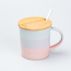 Чашка керамическая в скандинавском стиле 350 мл с крышкой и ложкой, розовый