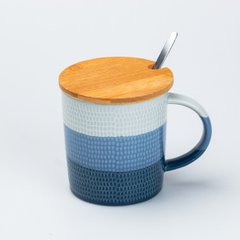 Чашка керамическая в скандинавском стиле 350 мл с крышкой и ложкой, синий