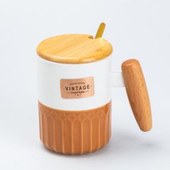 Кружка керамическая 400 мл Vintage с бамбуковой крышкой и ложкой, оранжевый с белым