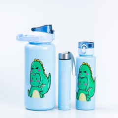 Бутылка для воды Динозавр набор 3в1 500мл 900мл 2л с дозатором, синий