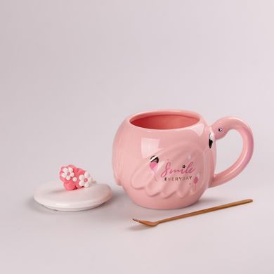 Чашка керамическая 500 мл Фламинго с крышкой и ложкой, Smile