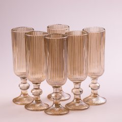 Набор бокалов для шампанского фигурных прозрачных ребристых из толстого стекла 6 штук, tea color