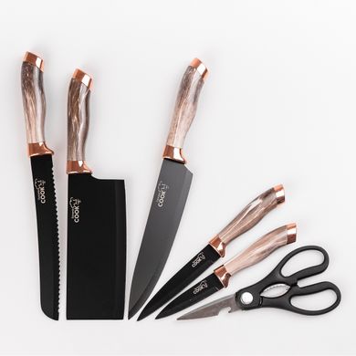 Набор кухонных ножей на подставке с точилом 6 предметов, коричневый
